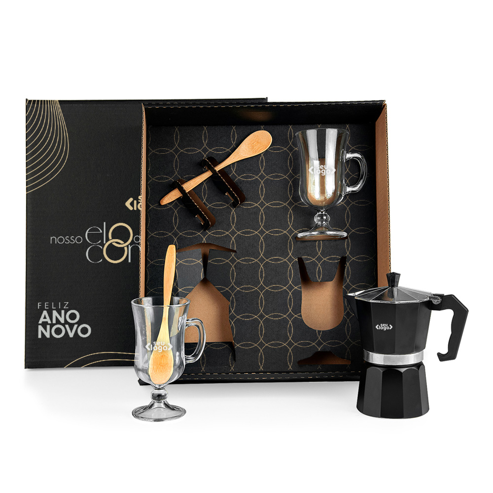 Presente fim de ano empresa: 3.	Kit para café com cafeteira italiana 