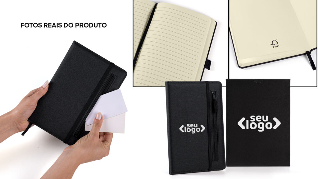 Kit de brindes para executivos com caderno com fechamento em zíper - So Marcas Brindes Corporativos Personalizados